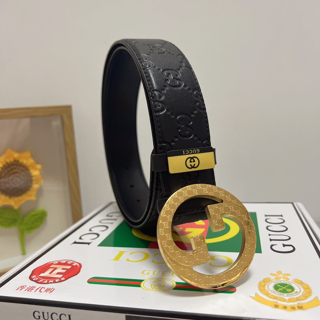 Black Leather Belt with Gold Buckle Width 3.8cm