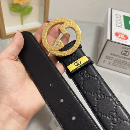Black Leather Belt with Gold Buckle Width 3.8cm