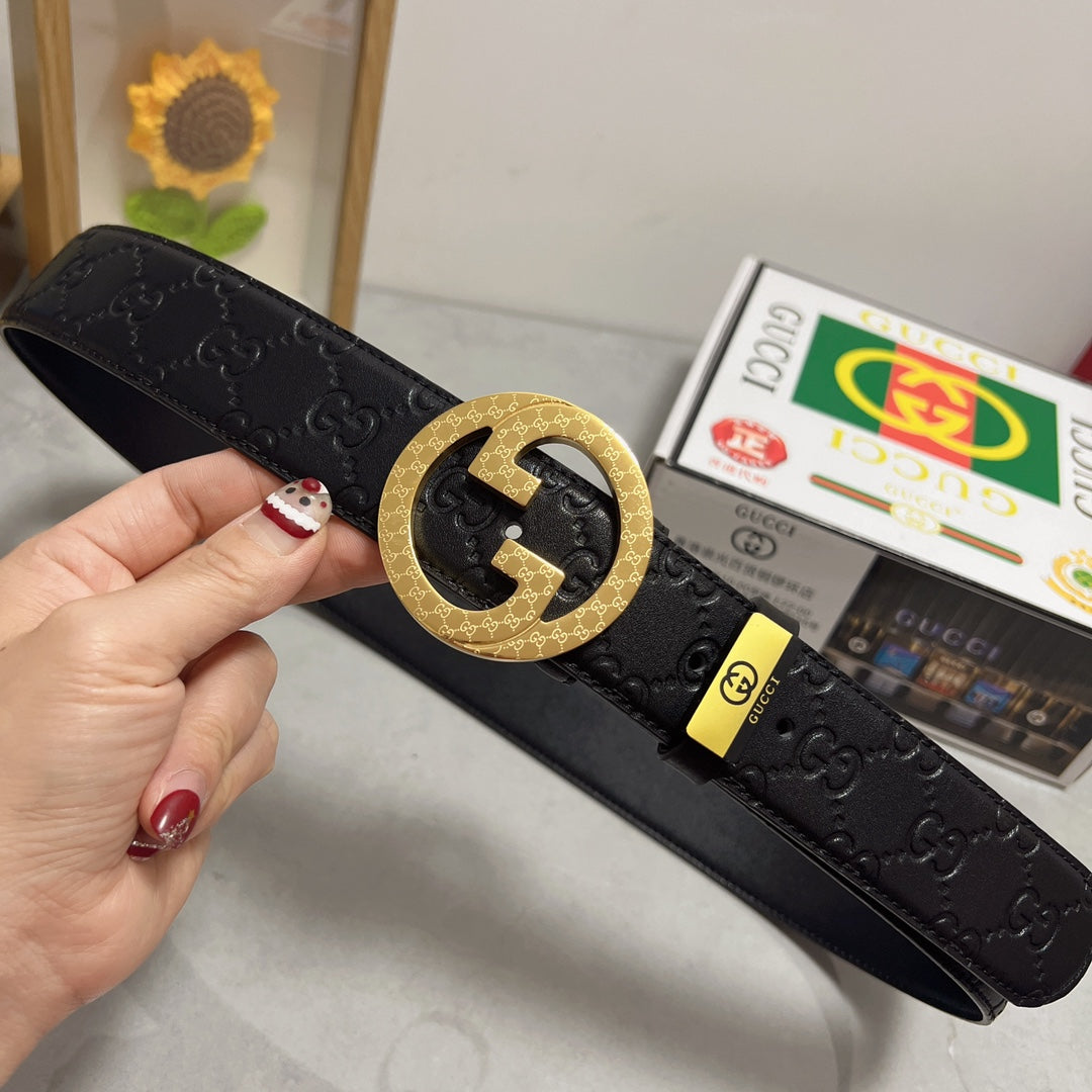 Black Leather Belt with Gold Buckle Width 3.8cm