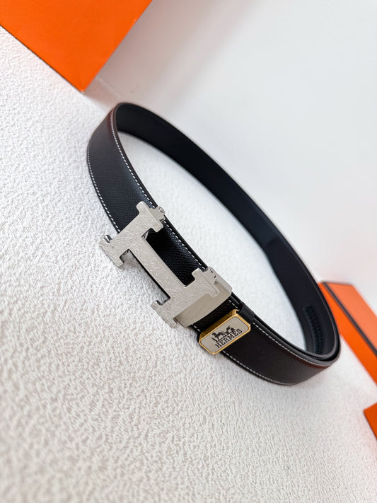 Premium Black Leather Belt with Silver H Buckle