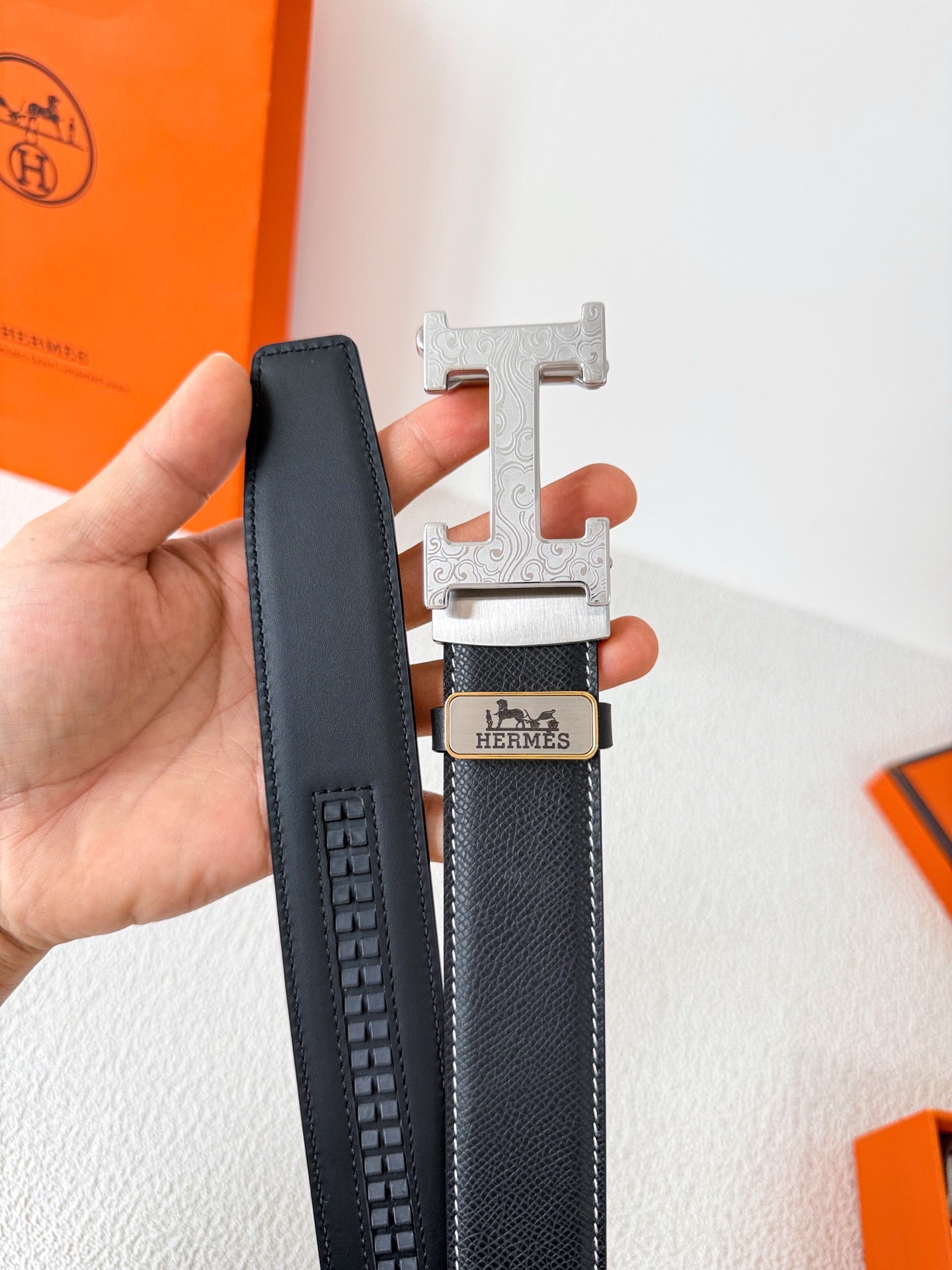 Premium Black Leather Belt with Silver H Buckle