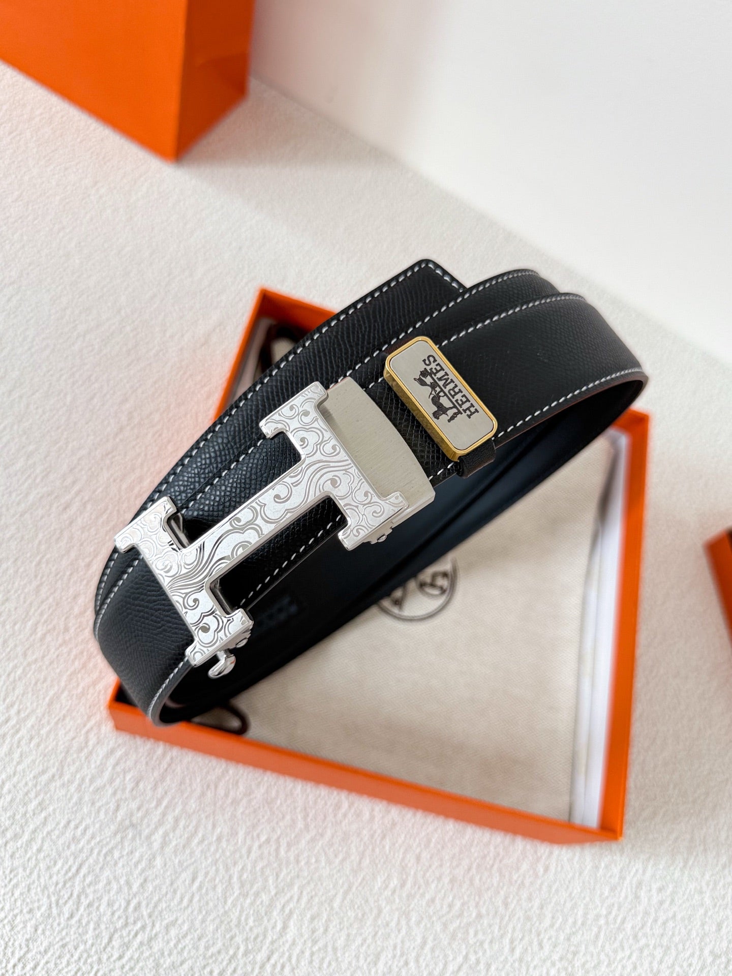 Premium Black Leather Belt with Silver H Buckle