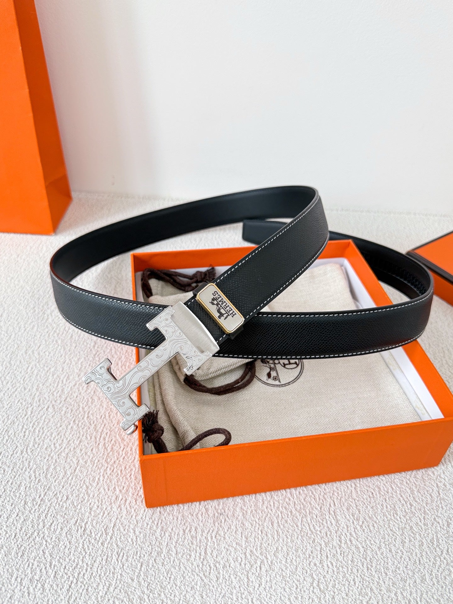 Premium Black Leather Belt with Silver H Buckle