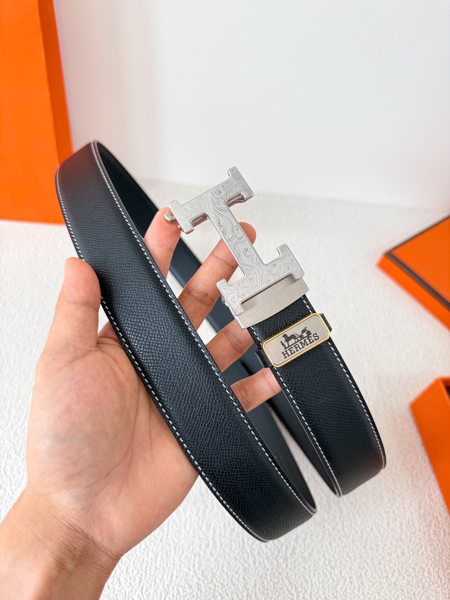 Premium Black Leather Belt with Silver H Buckle