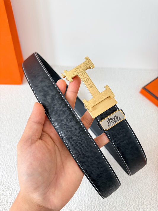 Luxury Black Leather Belt with Gold H Buckle Width 3.5cm