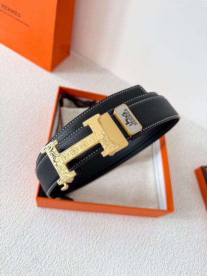 Luxury Black Leather Belt with Gold H Buckle Width 3.5cm