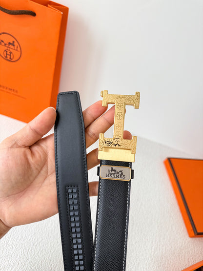 Luxury Black Leather Belt with Gold H Buckle Width 3.5cm