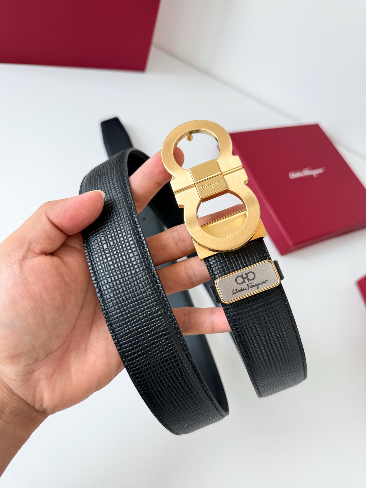 Men’s Reversible Leather Belt with Matte Gold Buckle width 3.5cm