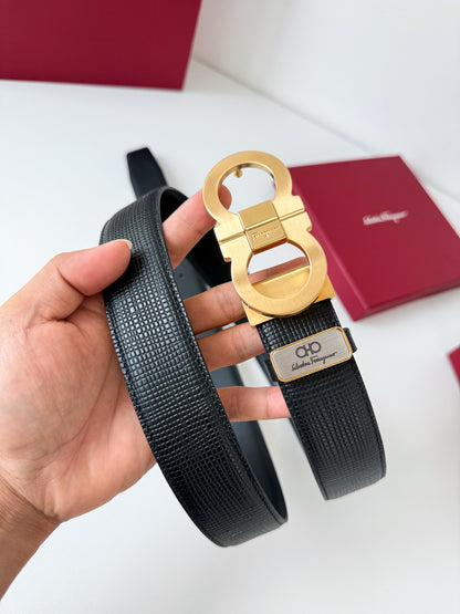 Men’s Reversible Leather Belt with Matte Gold Buckle width 3.5cm