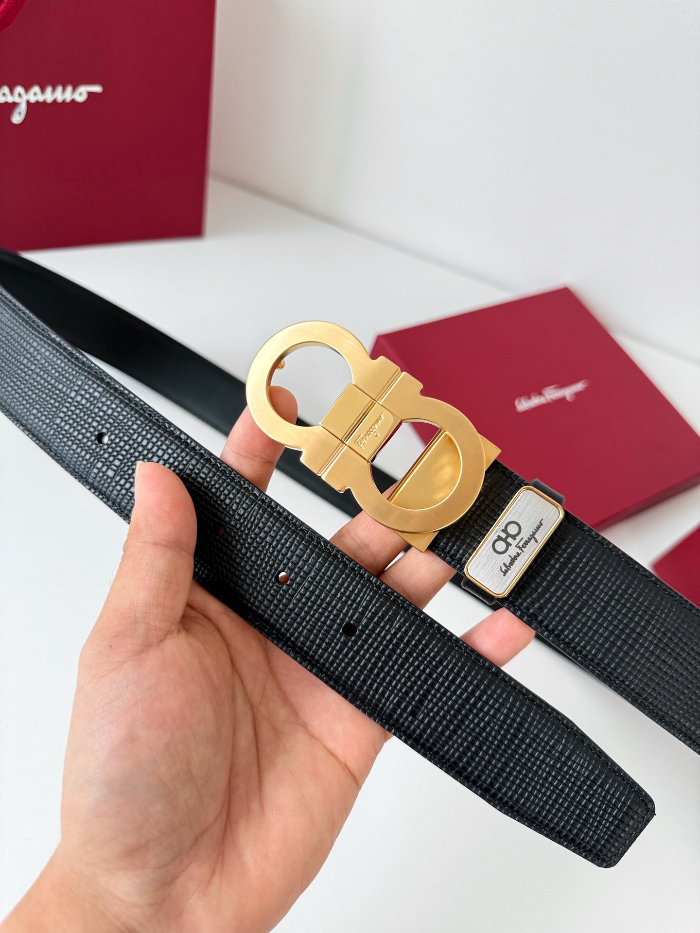 Men’s Reversible Leather Belt with Matte Gold Buckle width 3.5cm