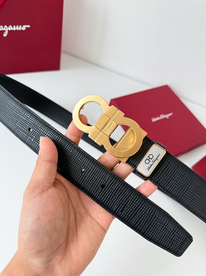Men’s Reversible Leather Belt with Matte Gold Buckle width 3.5cm