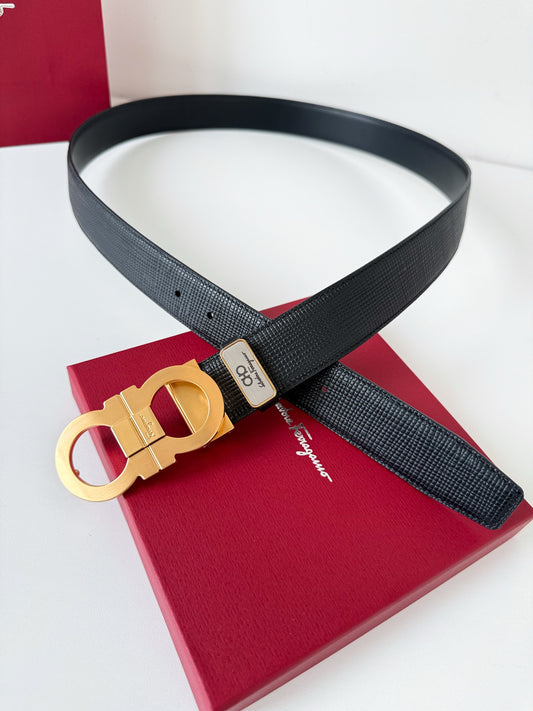 Men’s Reversible Leather Belt with Matte Gold Buckle width 3.5cm