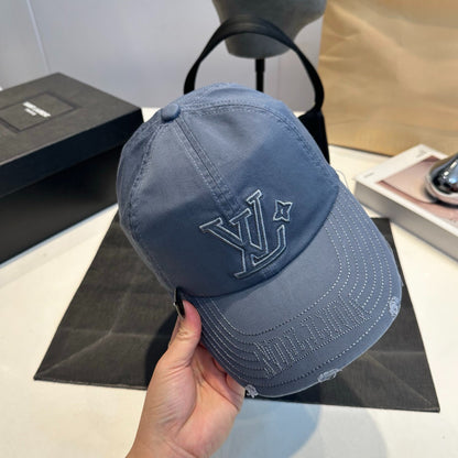 Distressed Denim Baseball Cap with Embroidered Monogram — Washed Blue
