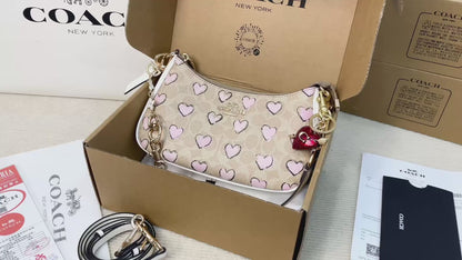 Heart Print Canvas Shoulder Bag 298079
