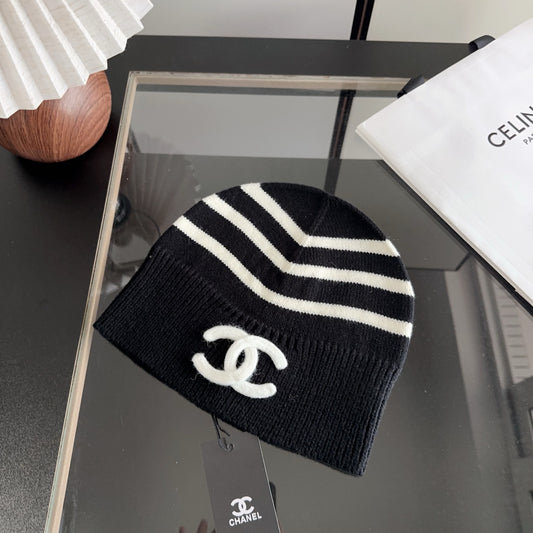 Black Ribbed Knit Beanie with White Stripe Detail