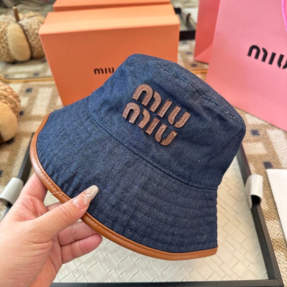 Denim Bucket Hat with Contrast Trim and Embroidered Detail