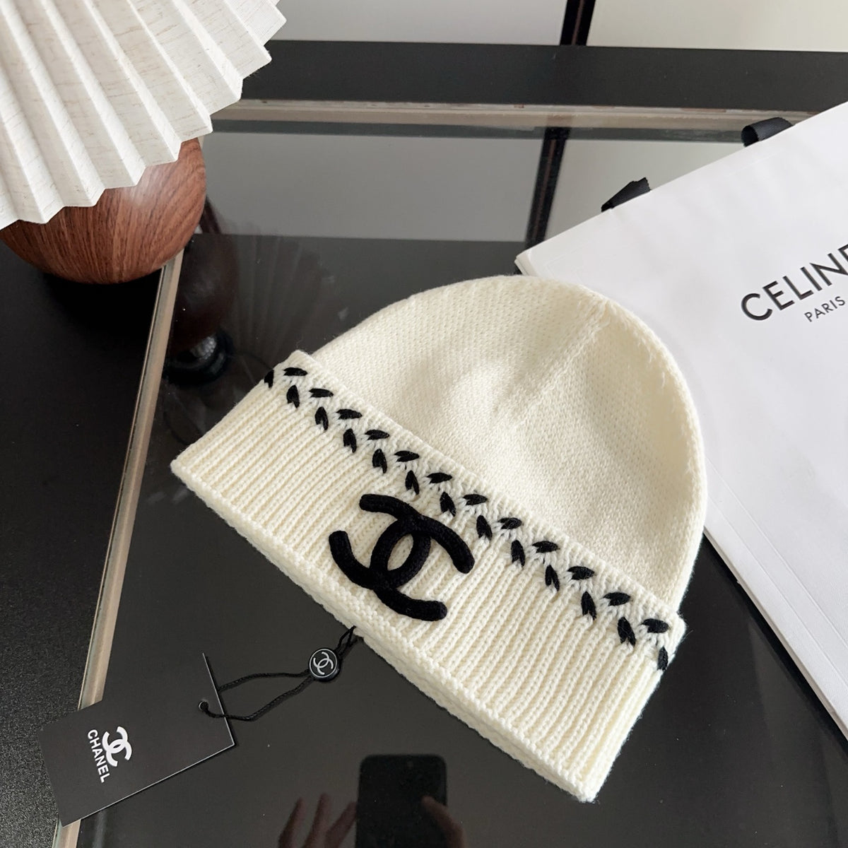 Ivory Ribbed Knit Beanie with Black Stitch Detail