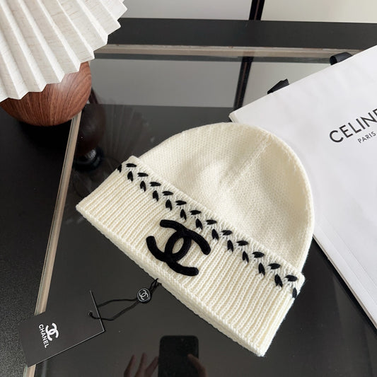 Ivory Ribbed Knit Beanie with Black Stitch Detail