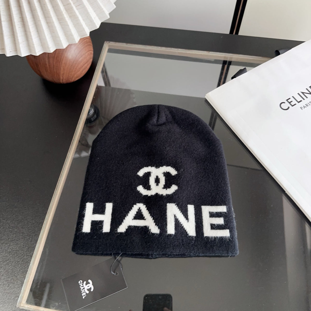 Black Knit Beanie with Contrast Letter Graphic