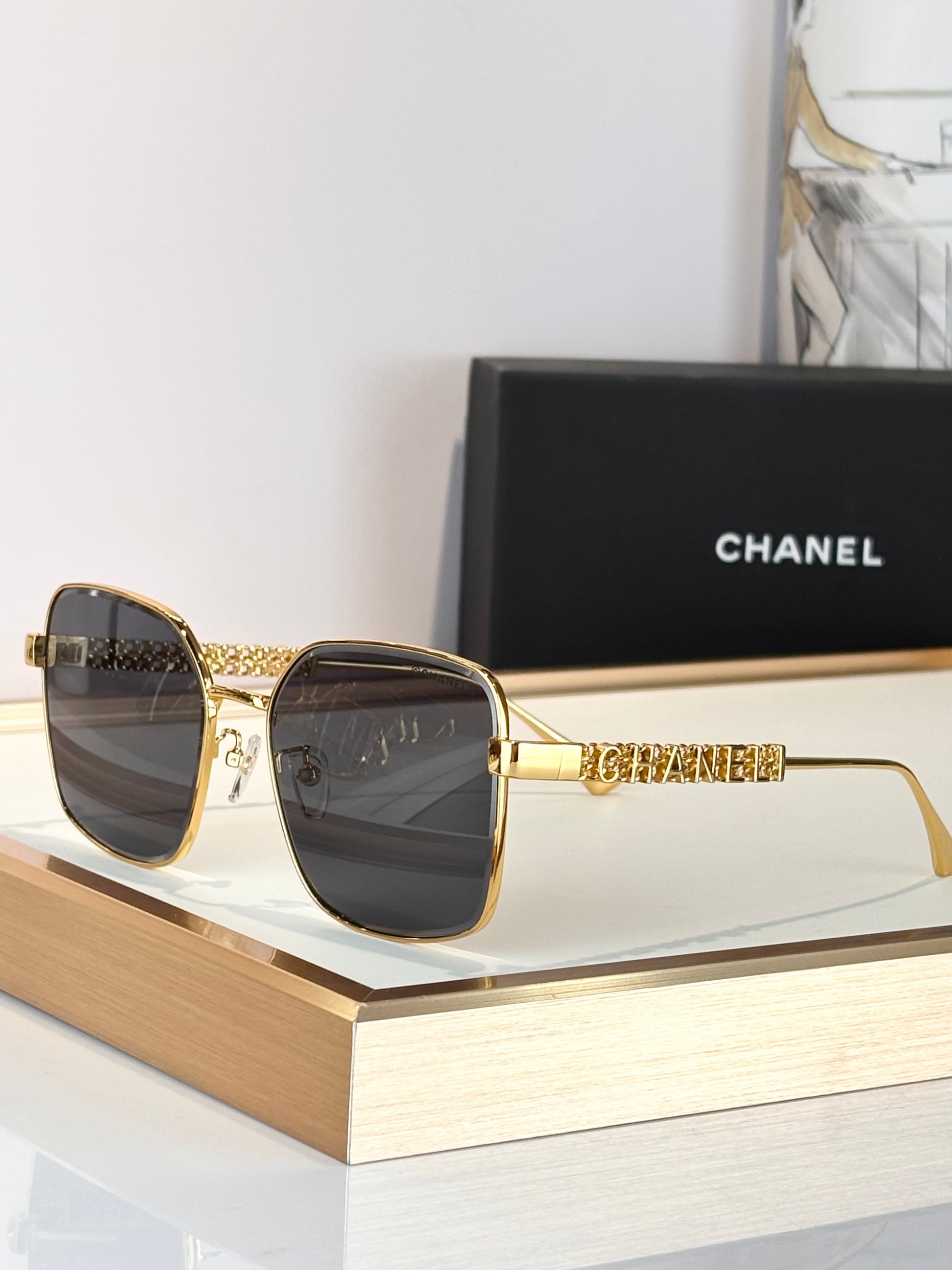 Gold-Tone Square Sunglasses with Dark Lenses