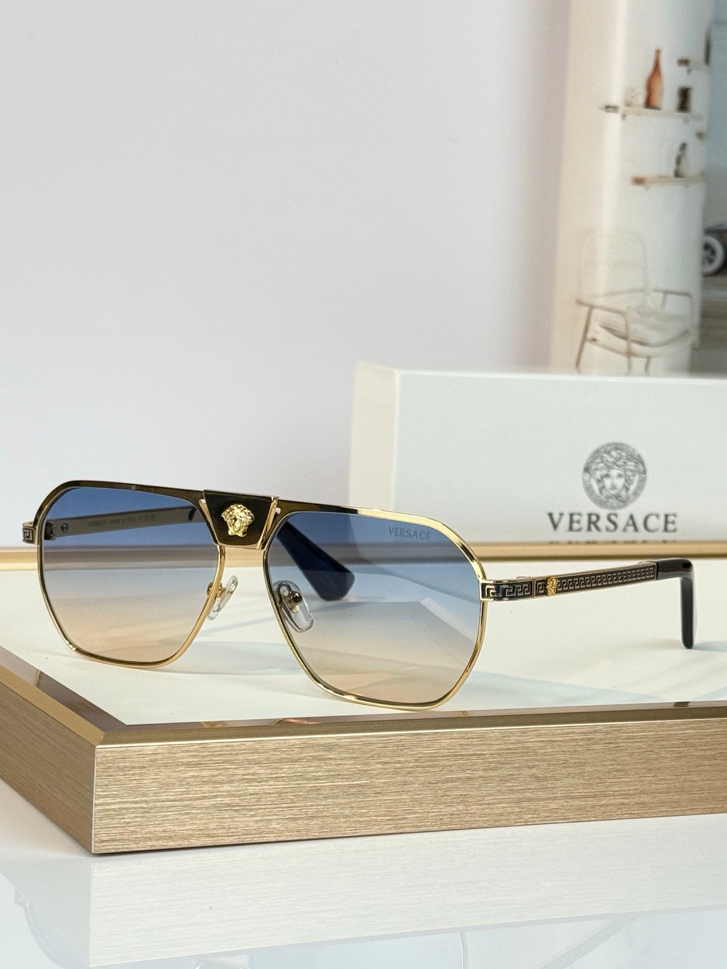 Gold Frame Aviator Sunglasses with Blue Gradient Lenses