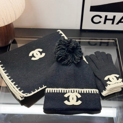 Black Knit Winter Hat Scarf and Gloves Set
