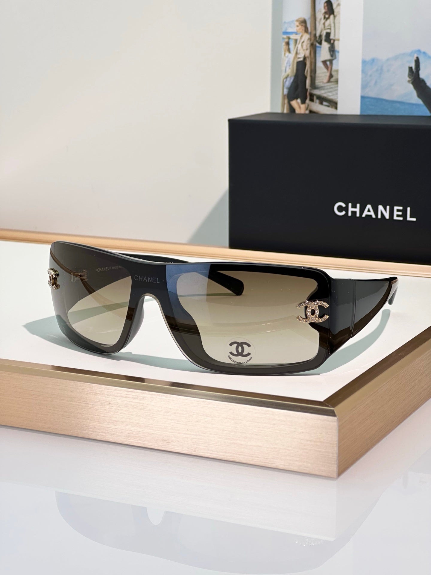 Oversized Shield Sunglasses with Crystal Accent