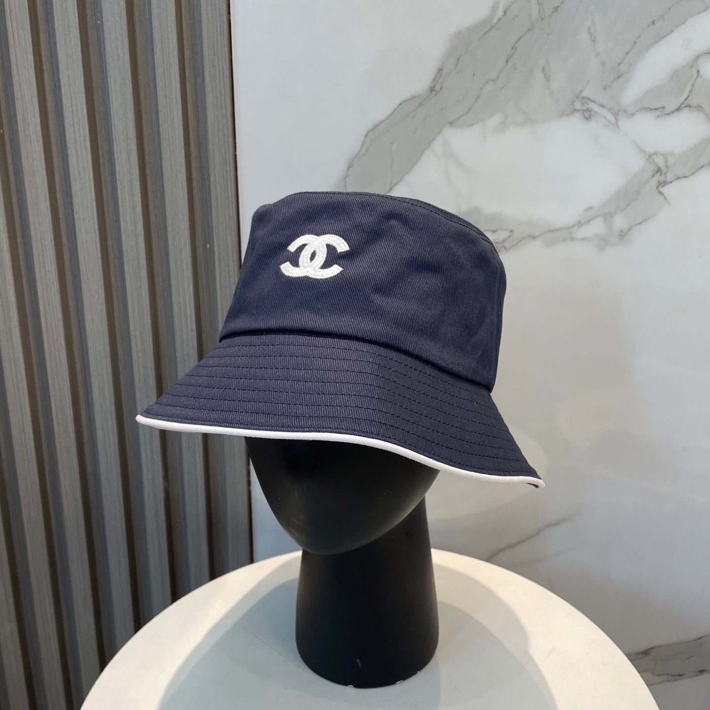 Navy Embroidered Bucket Hat with Contrast Trim