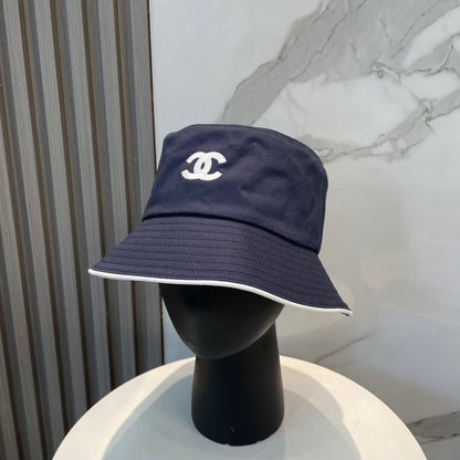 Navy Embroidered Bucket Hat with Contrast Trim