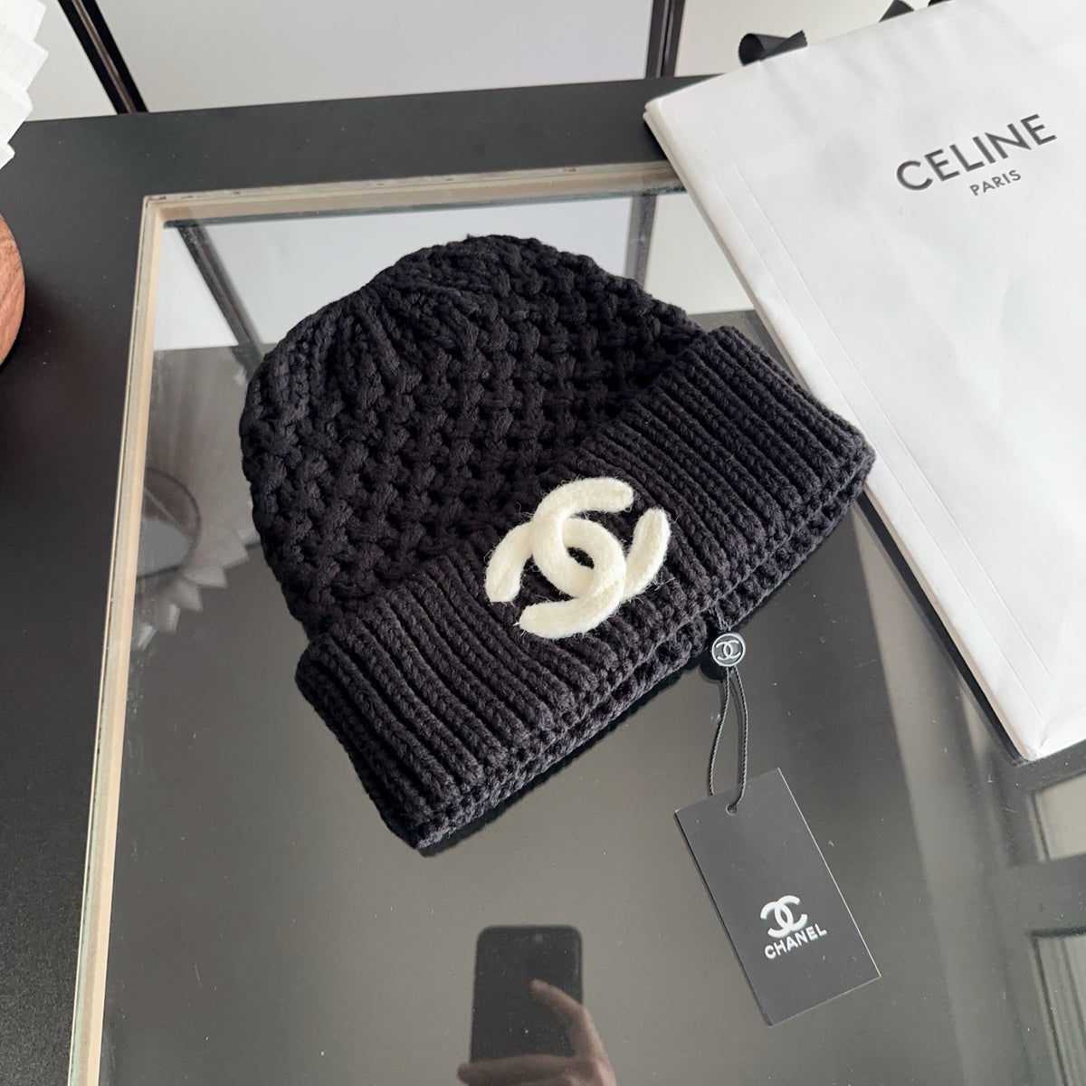 Black Textured Knit Beanie with Contrast Emblem