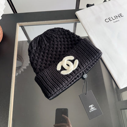 Black Textured Knit Beanie with Contrast Emblem