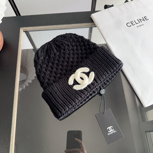 Black Textured Knit Beanie with Contrast Emblem