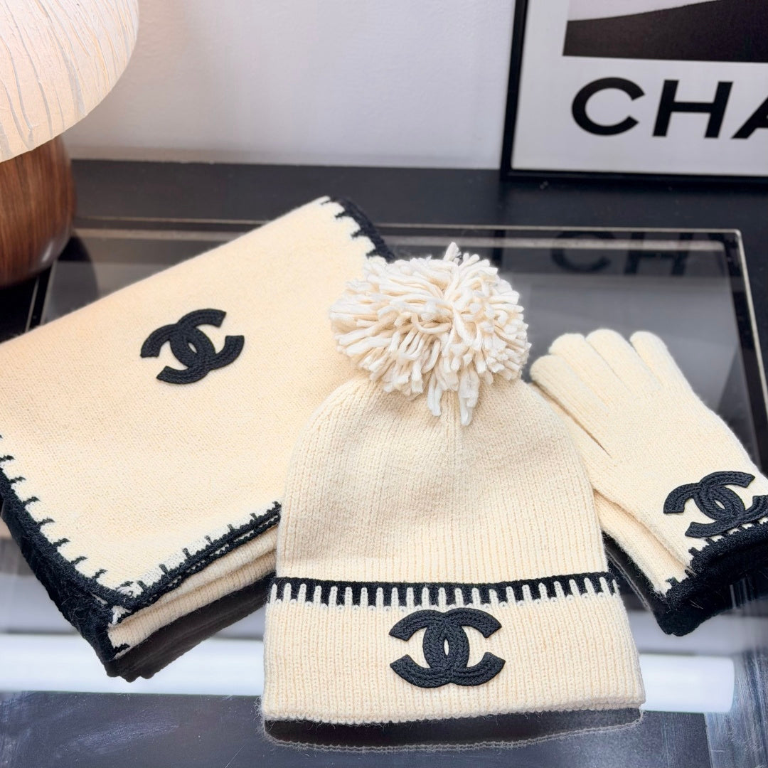 Cream Knit Winter Hat, Scarf & Gloves Set