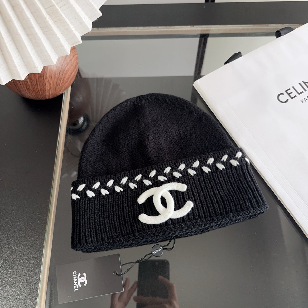 Black Ribbed Knit Beanie with Contrast Stitch Detail
