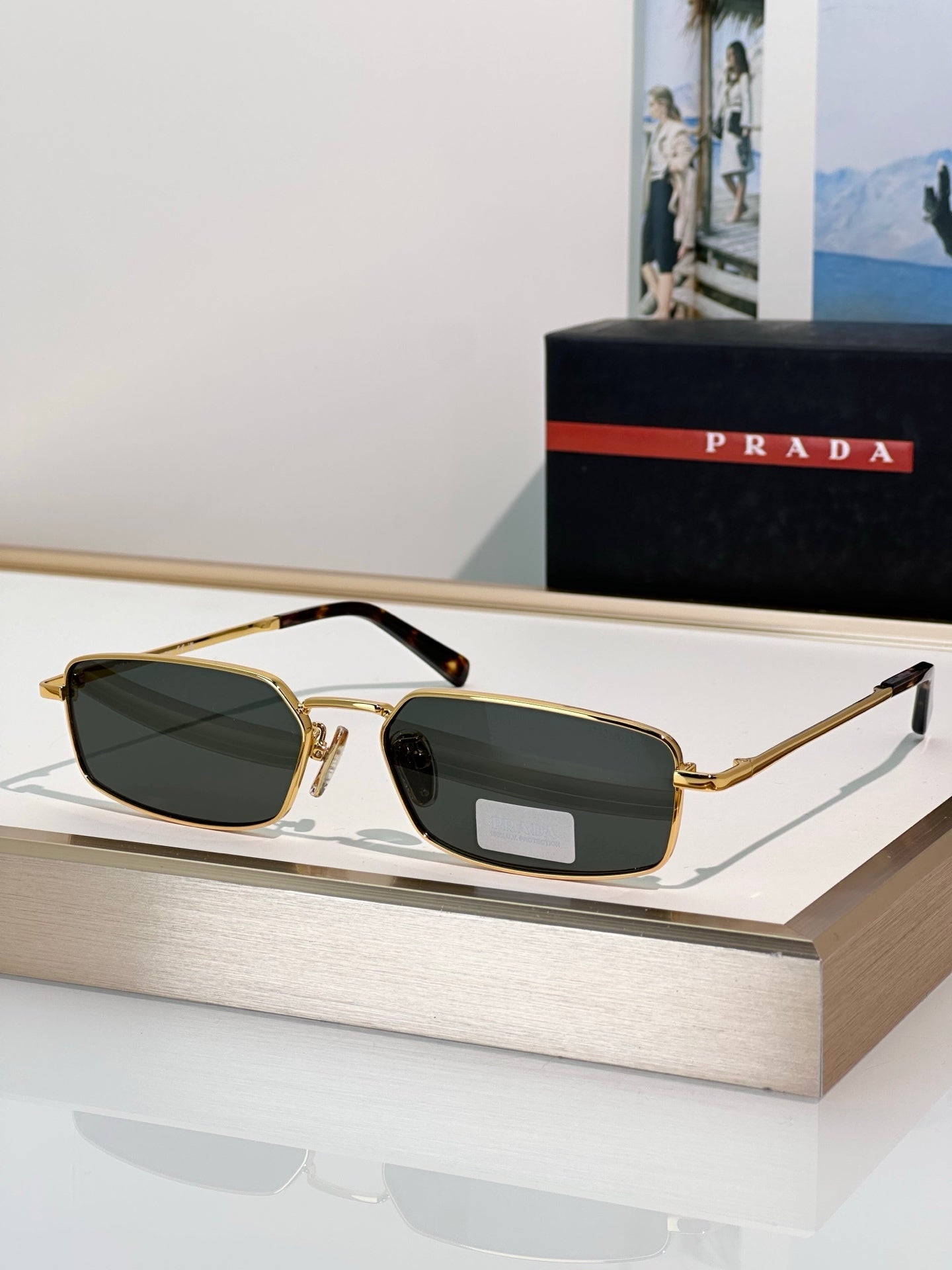 Rectangular Gold-Tone Metal Frame Sunglasses with Dark Lenses
