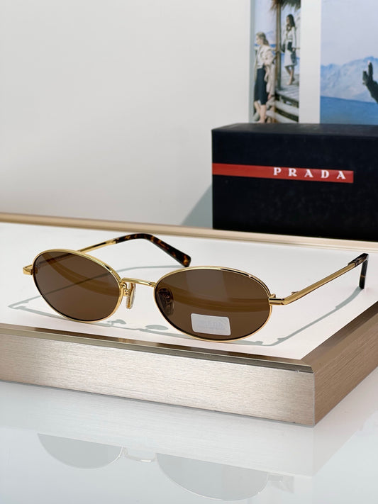 Gold Tone Oval Rimless Sunglasses with Brown Lenses