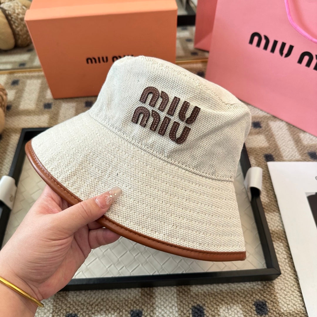 Embroidered Canvas Bucket Hat with Faux Leather Trim
