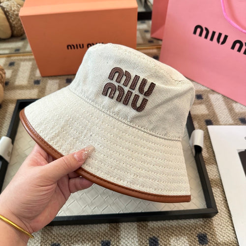 Embroidered Canvas Bucket Hat with Faux Leather Trim