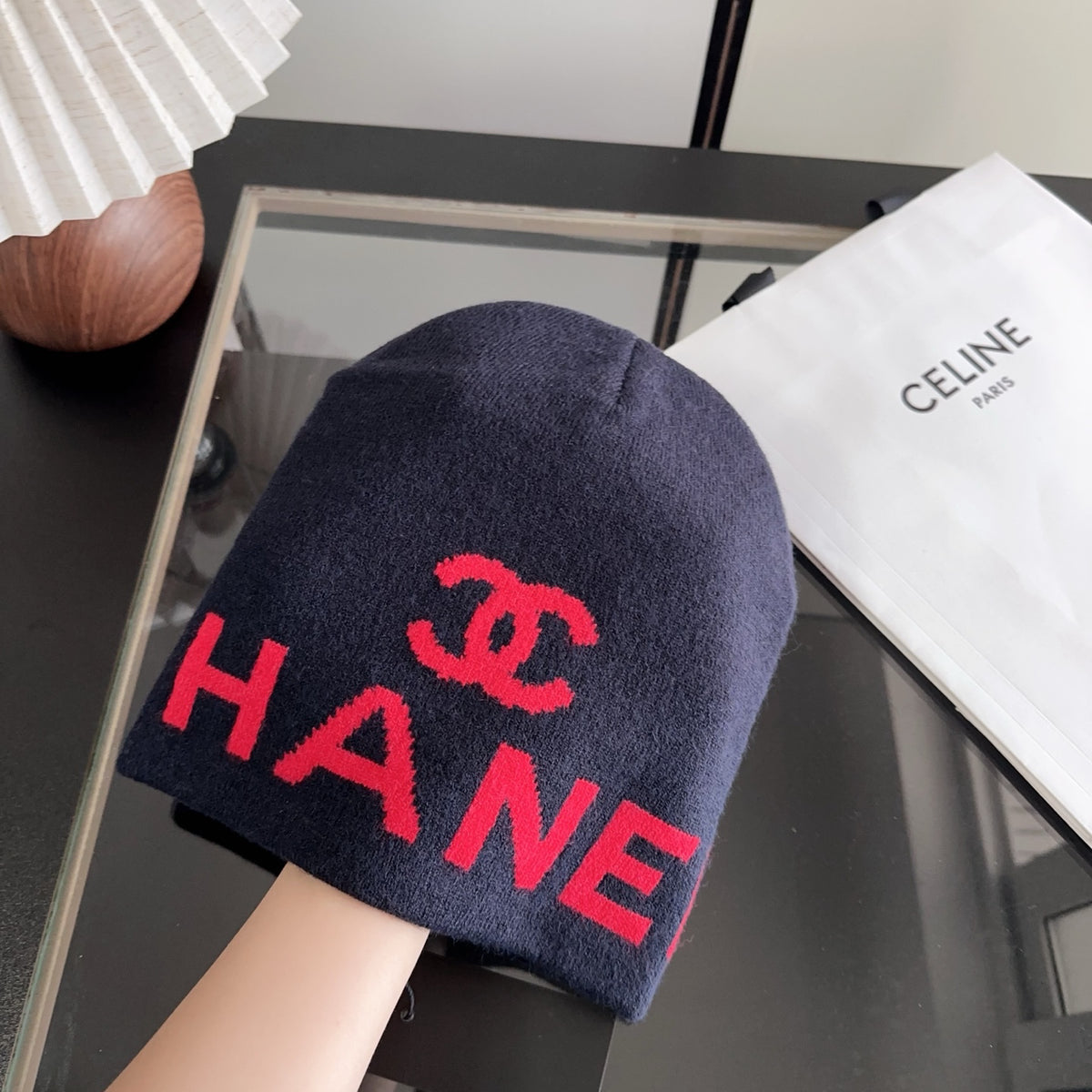 Navy Graphic Lettering Knit Beanie