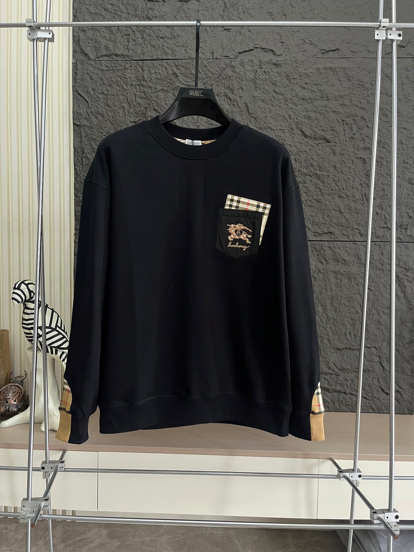 Plaid Trim Pocket Crewneck Sweatshirt