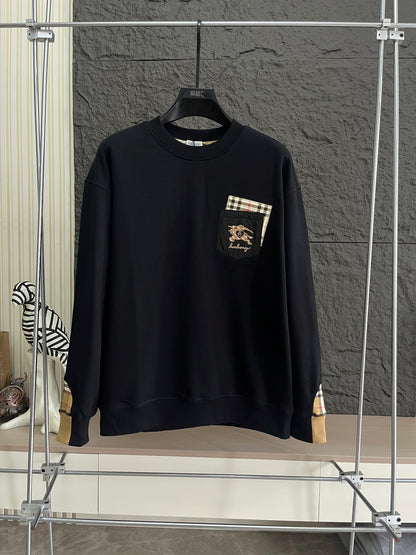 Plaid Trim Pocket Crewneck Sweatshirt