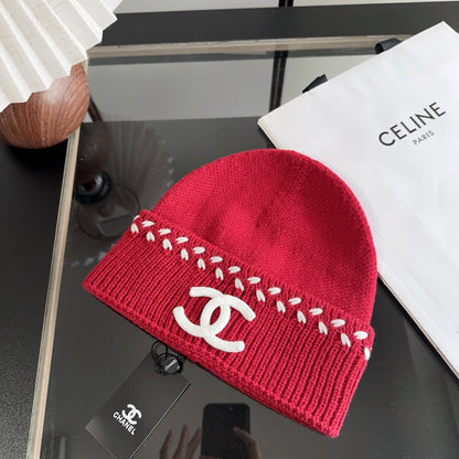 Red Knit Beanie with Contrast Stitching and Ribbed Cuff