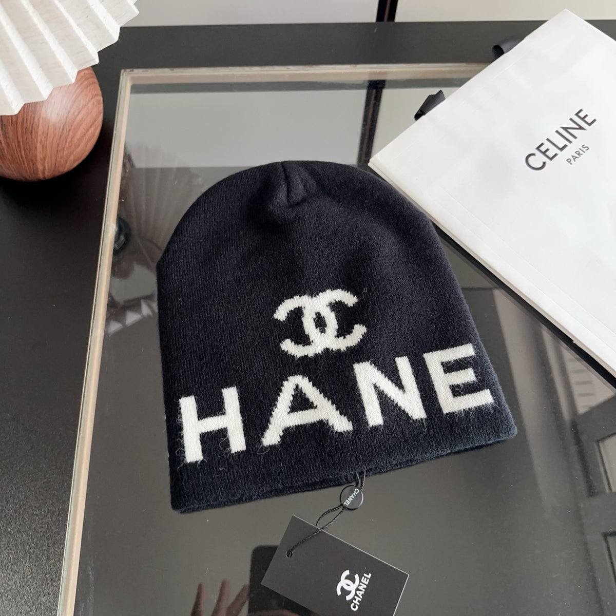 Black Knit Beanie with Contrast Letter Graphic