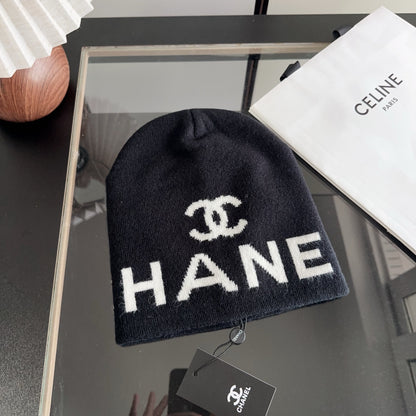 Black Knit Beanie with Contrast Letter Graphic