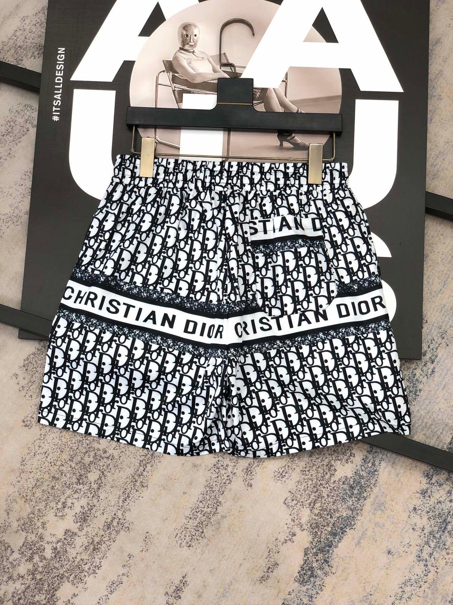 Men's Black and White Monogram Drawstring Shorts