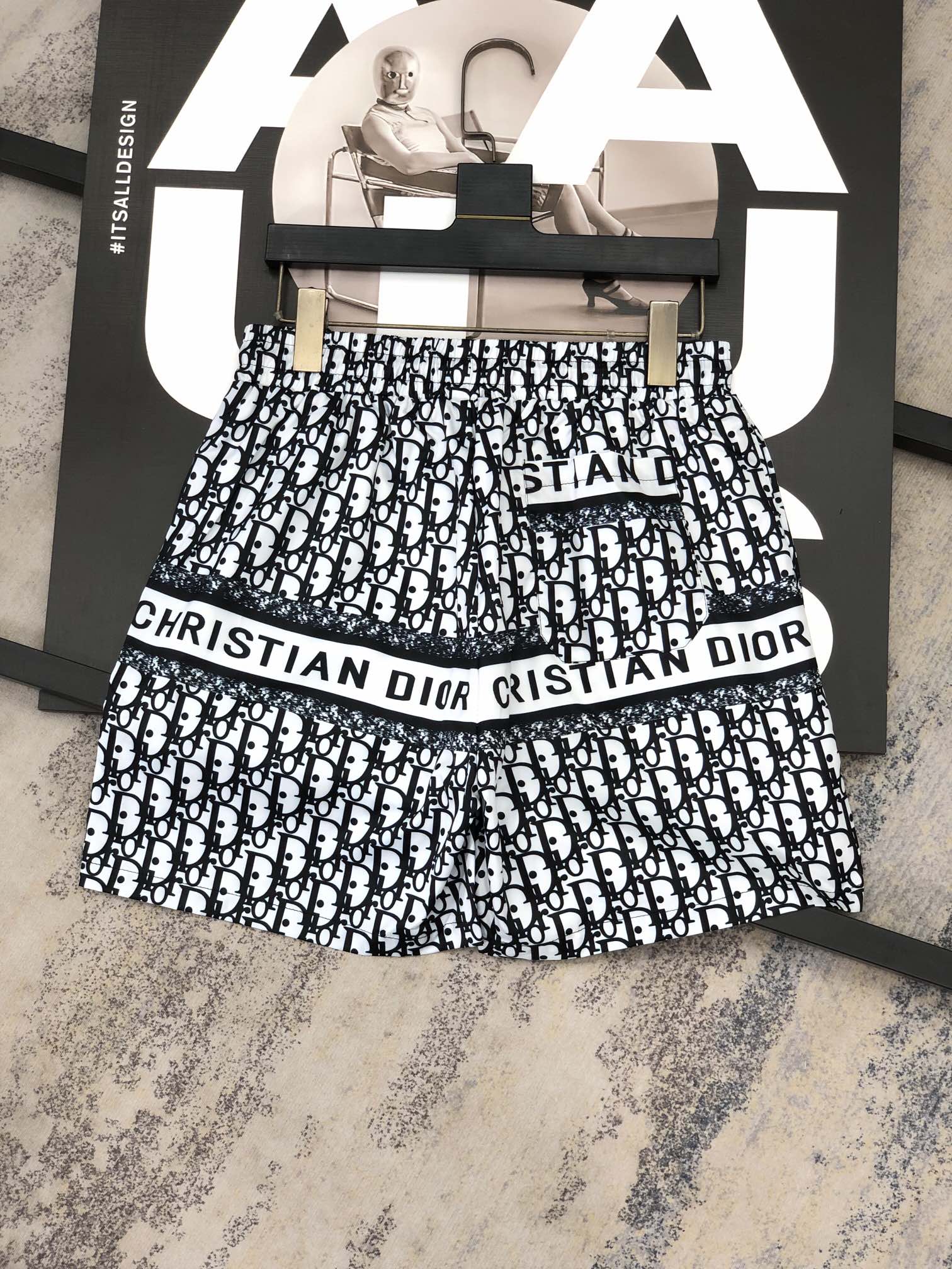 Men's Black and White Monogram Drawstring Shorts