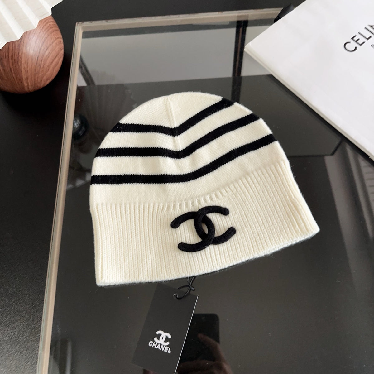 Striped Ribbed Knit Beanie with Contrast Detail