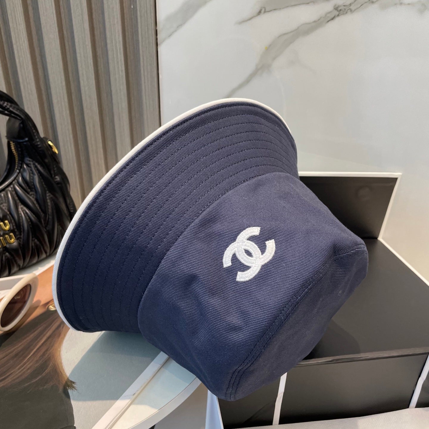 Navy Embroidered Bucket Hat with Contrast Trim
