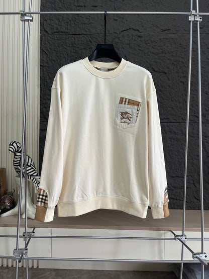 Plaid Trim Pocket Crewneck Sweatshirt