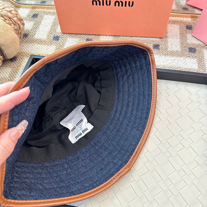 Denim Bucket Hat with Contrast Trim and Embroidered Detail